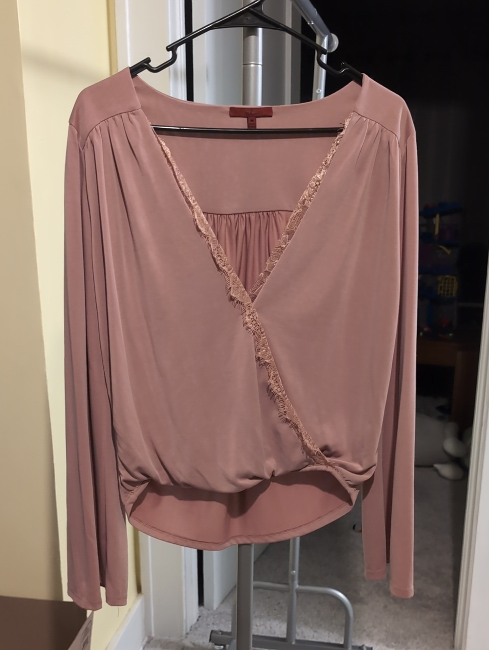 Lace-Trim Wrap Blouse in Dusty Rose BKE